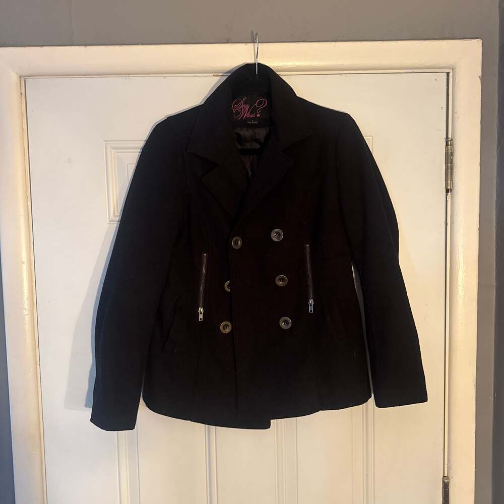 Say What? Women's Black Double-Breasted Peacoat with Zipper Pockets